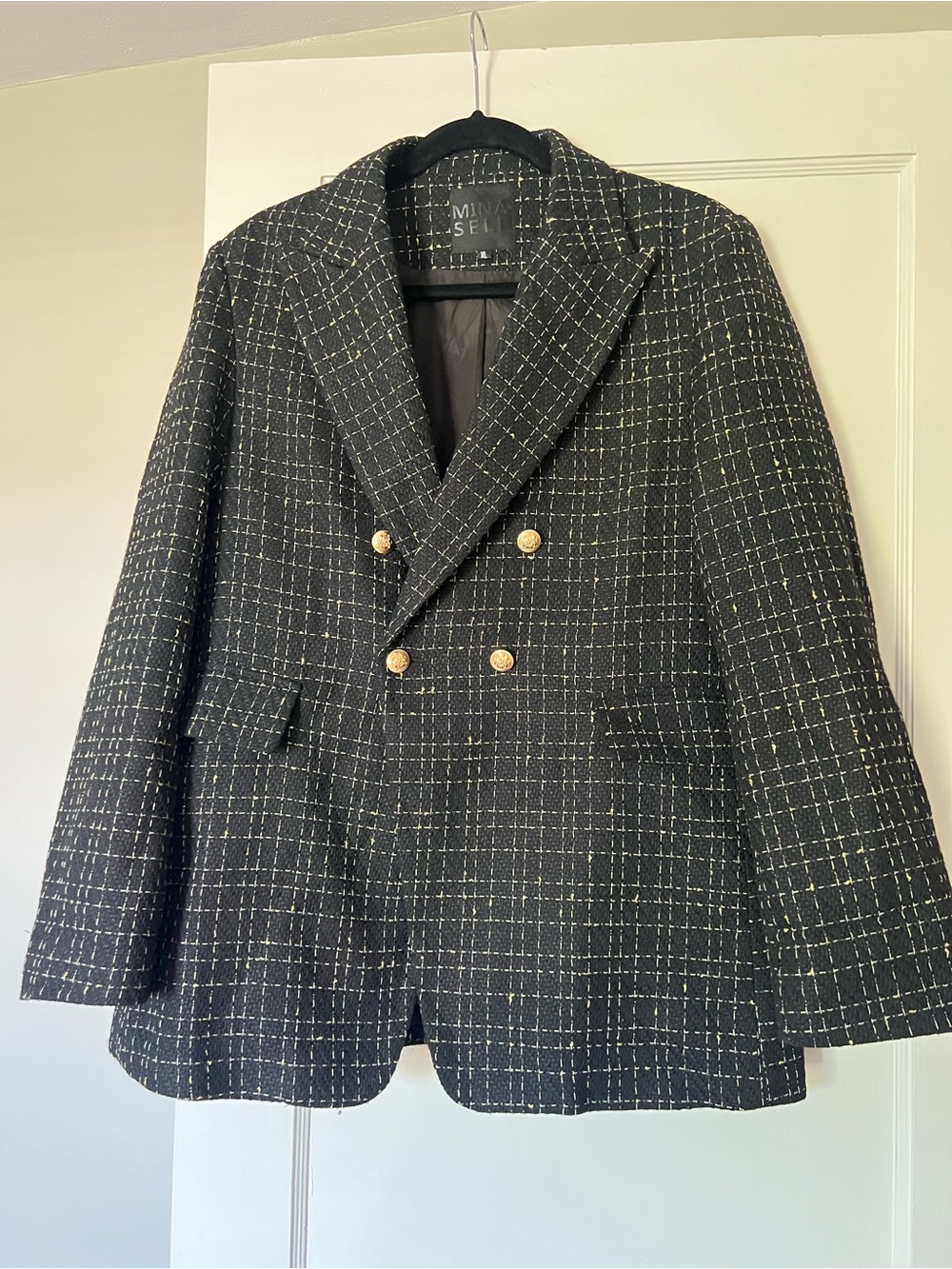 Mina Self Black Tweed Double-Breasted Blazer with Gold Buttons